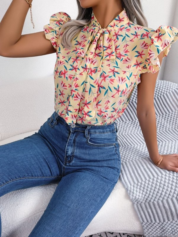 Floral Tie Neck Flutter Sleeve Blouse - Cute Little Wish