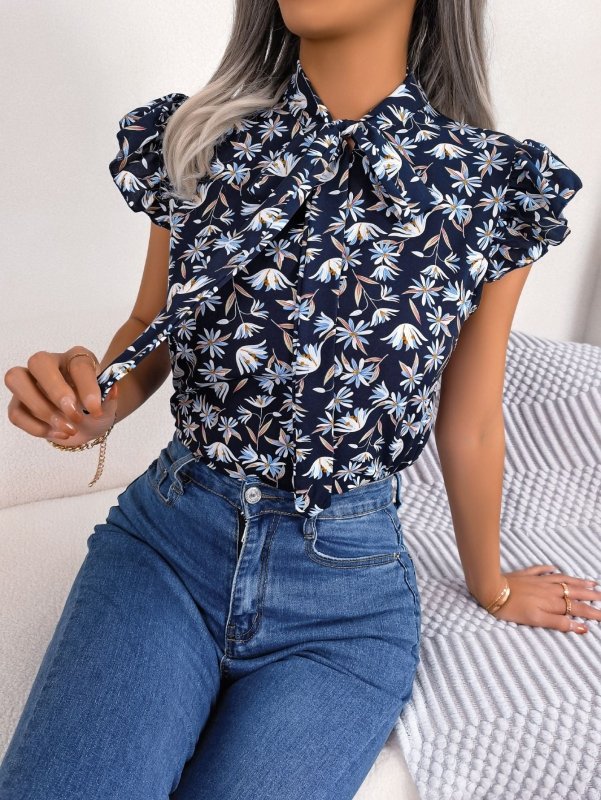 Floral Tie Neck Flutter Sleeve Blouse - Cute Little Wish