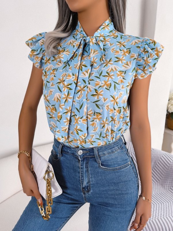 Floral Tie Neck Flutter Sleeve Blouse - Cute Little Wish