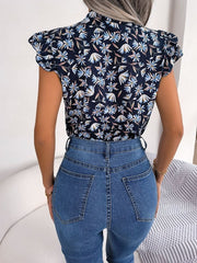 Floral Tie Neck Flutter Sleeve Blouse - Cute Little Wish