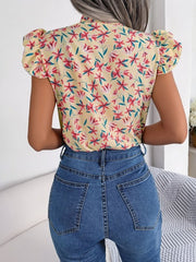 Floral Tie Neck Flutter Sleeve Blouse - Cute Little Wish