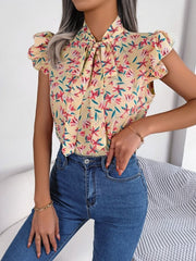 Floral Tie Neck Flutter Sleeve Blouse - Cute Little Wish