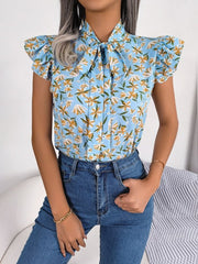 Floral Tie Neck Flutter Sleeve Blouse - Cute Little Wish