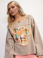 Flower Patch Plaid Round Neck Long Sleeve T-Shirt