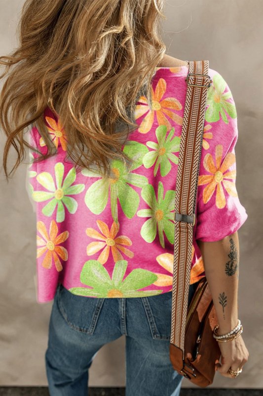 Flower Printed Boat Neck Half Sleeve T-Shirt - Cute Little Wish