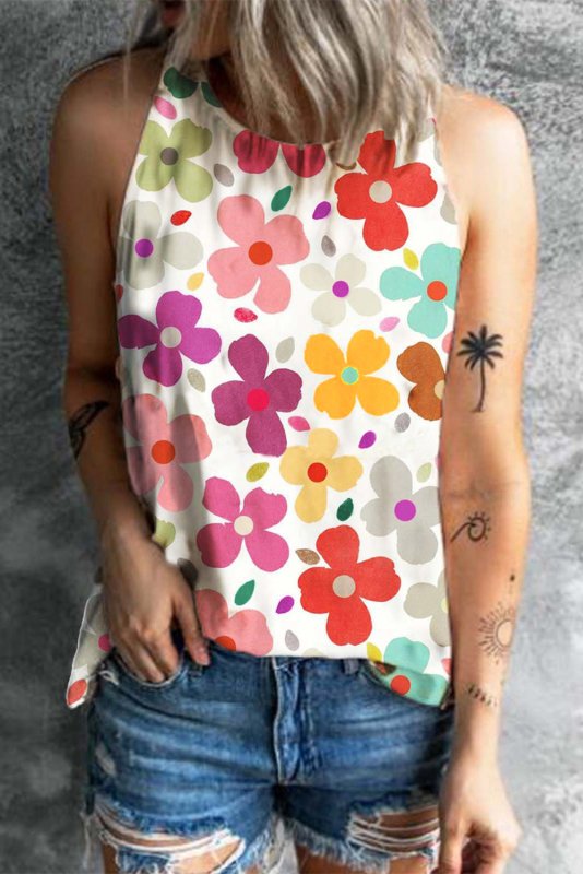 Flower Printed Round Neck Tank - Cute Little Wish