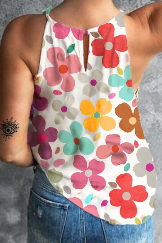 Flower Printed Round Neck Tank - Cute Little Wish