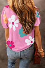 Flower Round Neck Short Sleeve Blouse - Cute Little Wish