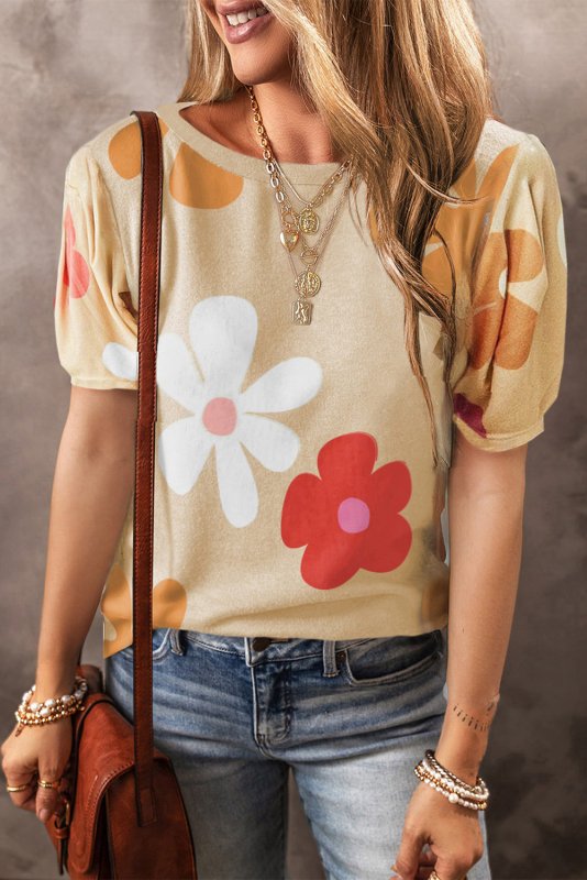 Flower Round Neck Short Sleeve Blouse - Cute Little Wish