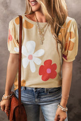 Flower Round Neck Short Sleeve Blouse - Cute Little Wish