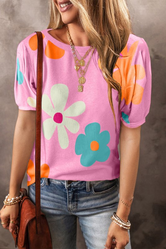 Flower Round Neck Short Sleeve Blouse - Cute Little Wish