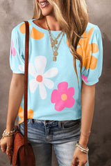 Flower Round Neck Short Sleeve Blouse - Cute Little Wish