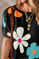 Flower Round Neck Short Sleeve Blouse - Cute Little Wish