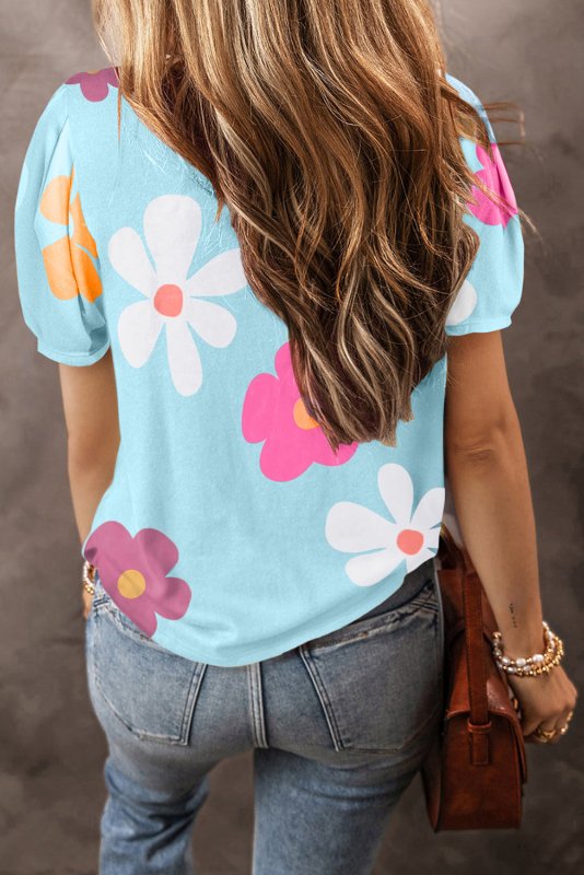 Flower Round Neck Short Sleeve Blouse - Cute Little Wish