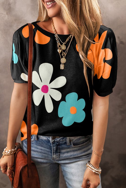 Flower Round Neck Short Sleeve Blouse - Cute Little Wish