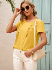 Frill Round Neck Short Sleeve Blouse - Cute Little Wish