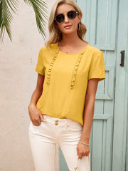 Frill Round Neck Short Sleeve Blouse - Cute Little Wish