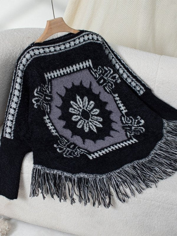 Fringe Geometric Long Sleeve Poncho