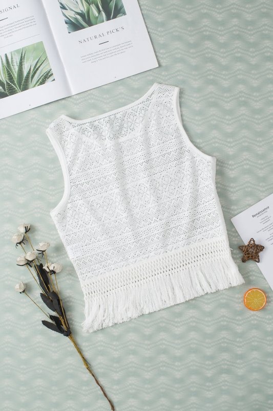 Fringe Openwork Round Neck Tank - Cute Little Wish