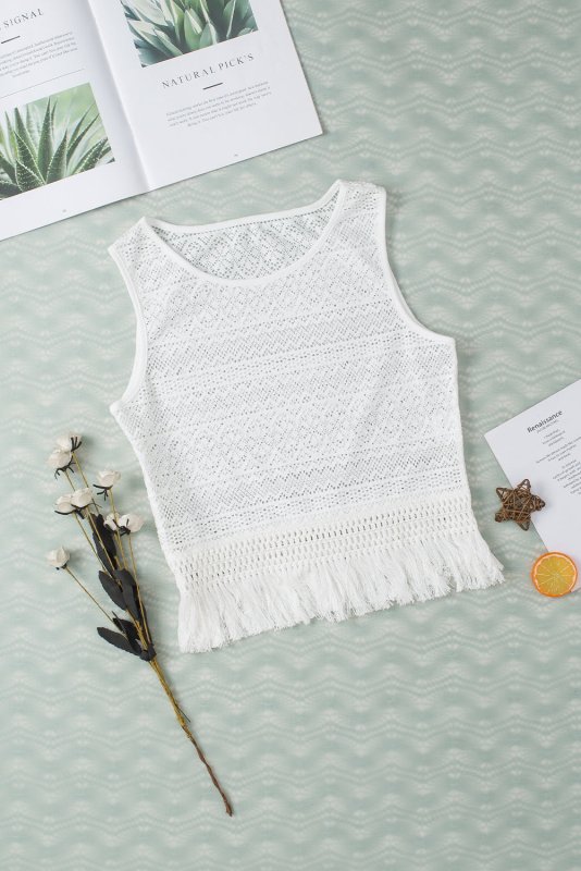 Fringe Openwork Round Neck Tank - Cute Little Wish