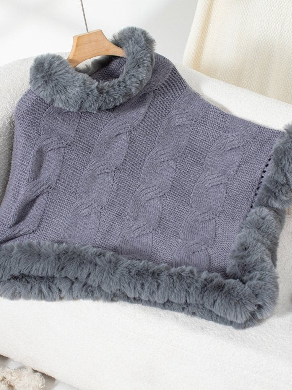 Fuzzy Hem Cable - Knit Poncho