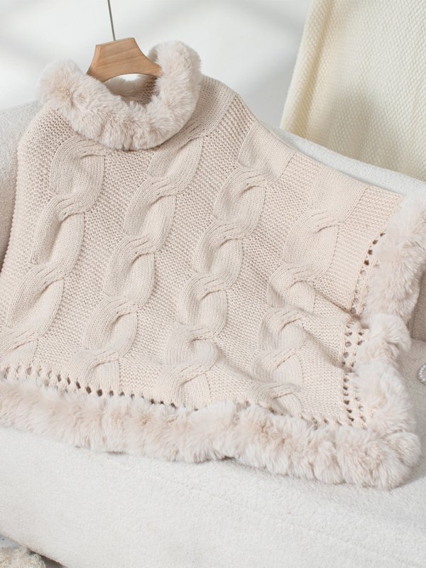 Fuzzy Hem Cable - Knit Poncho