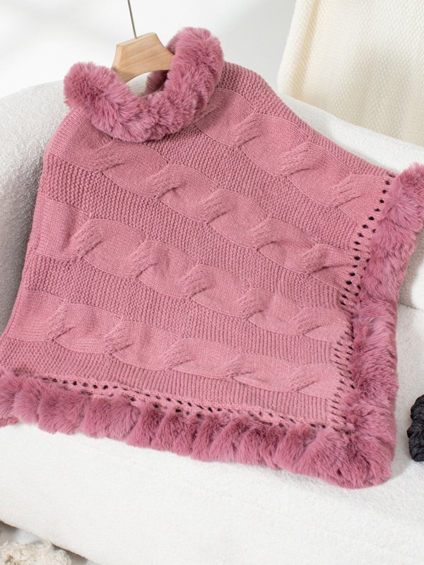 Fuzzy Hem Cable - Knit Poncho