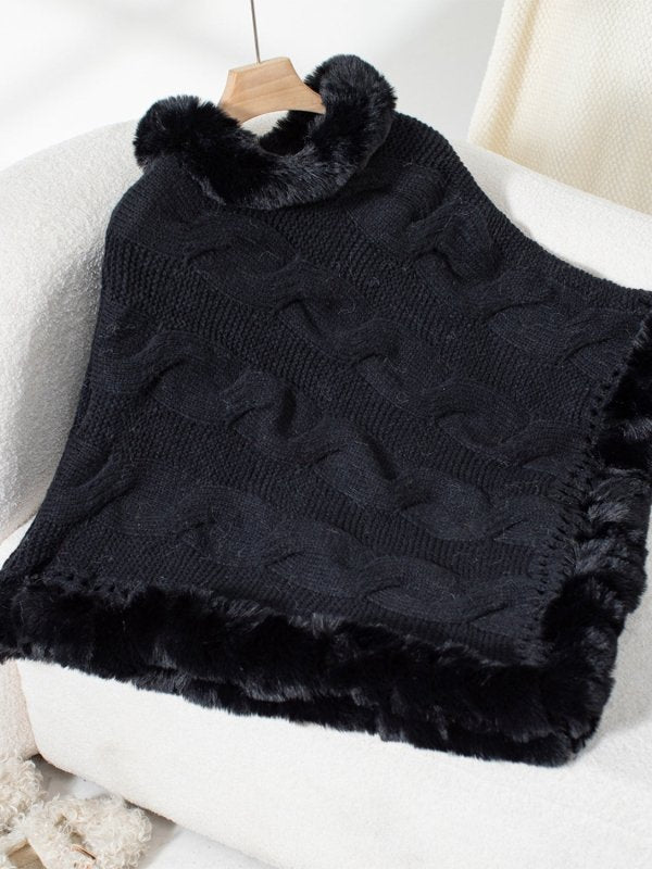 Fuzzy Hem Cable - Knit Poncho