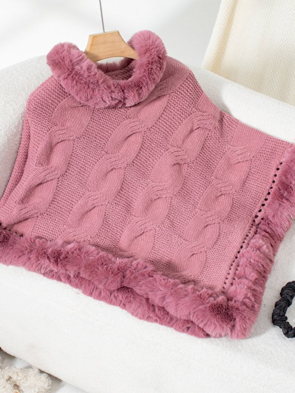 Fuzzy Hem Cable - Knit Poncho