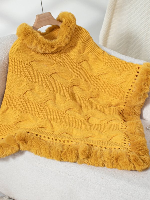 Fuzzy Hem Cable - Knit Poncho