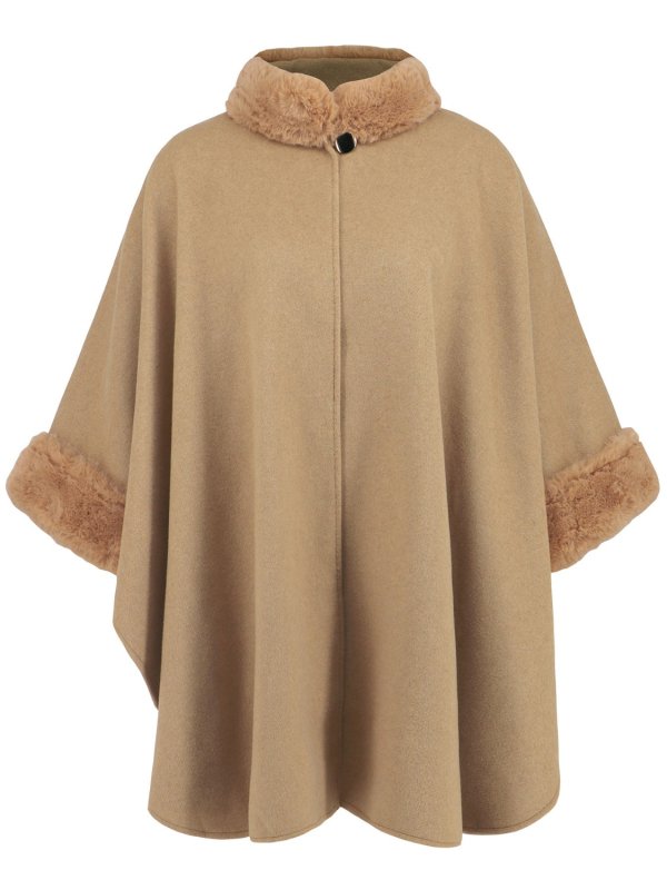 Fuzzy Trim Long Sleeve Poncho