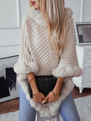 Fuzzy Trim Texture Three - Quarter Sleeve Poncho