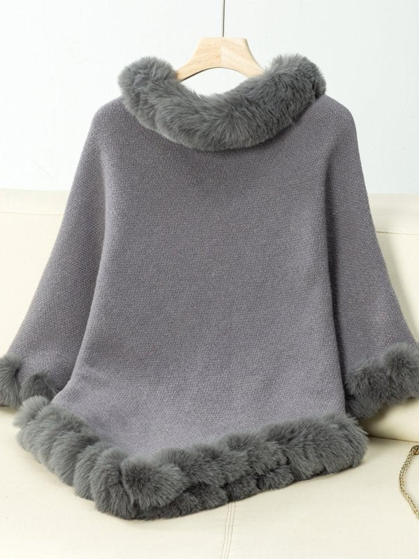 Fuzzy Trim Texture Three - Quarter Sleeve Poncho