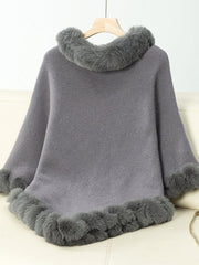 Fuzzy Trim Texture Three - Quarter Sleeve Poncho