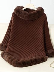 Fuzzy Trim Texture Three - Quarter Sleeve Poncho