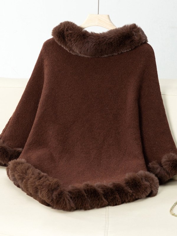 Fuzzy Trim Texture Three - Quarter Sleeve Poncho