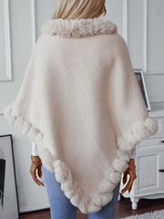 Fuzzy Trim Texture Three - Quarter Sleeve Poncho