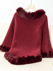 Fuzzy Trim Texture Three - Quarter Sleeve Poncho