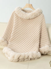 Fuzzy Trim Texture Three - Quarter Sleeve Poncho