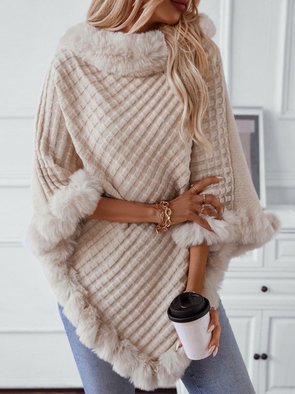 Fuzzy Trim Texture Three - Quarter Sleeve Poncho