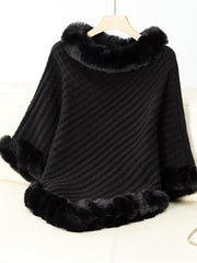 Fuzzy Trim Texture Three - Quarter Sleeve Poncho