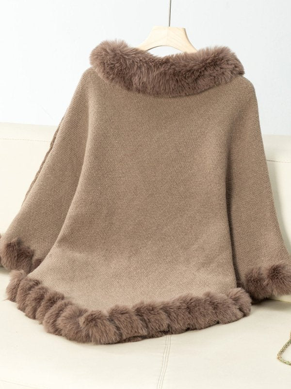 Fuzzy Trim Texture Three - Quarter Sleeve Poncho