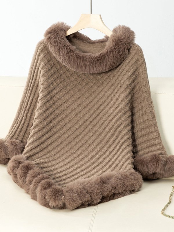 Fuzzy Trim Texture Three - Quarter Sleeve Poncho