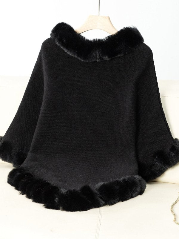 Fuzzy Trim Texture Three - Quarter Sleeve Poncho