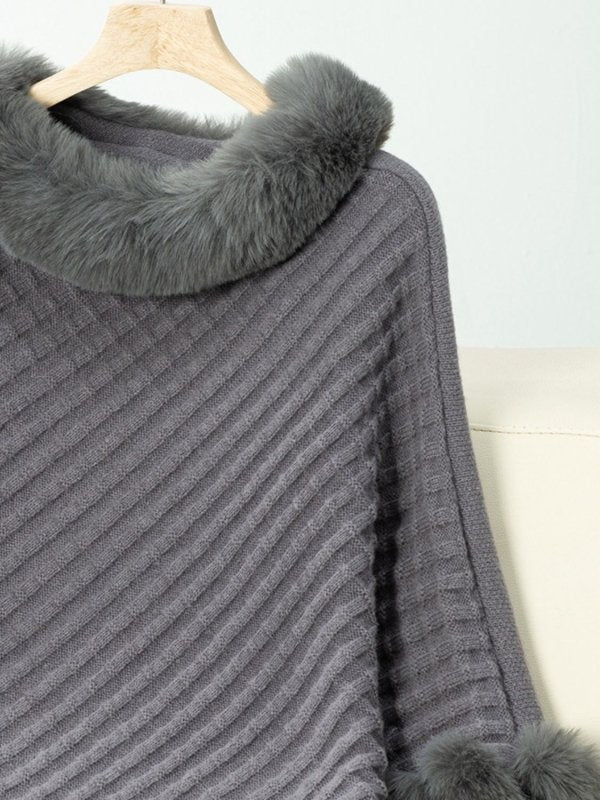 Fuzzy Trim Texture Three - Quarter Sleeve Poncho