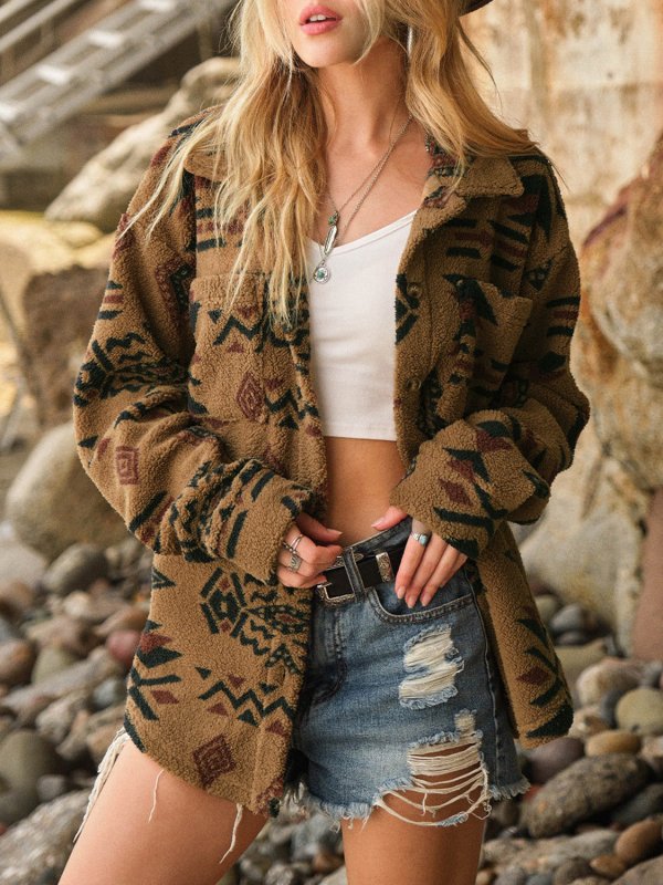 Geometric Button Up Long Sleeve Sherpa Jacket