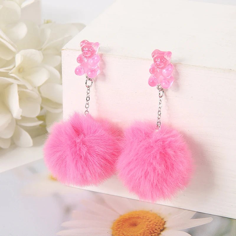 Glamorous Hot Pink Resin Bear & Fluffy Pom Drop Earrings - Cute Little Wish