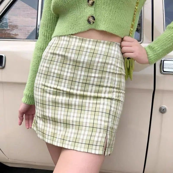 Green Plaid Wrap Hip Skirt - High Waist Bodycon Skirt