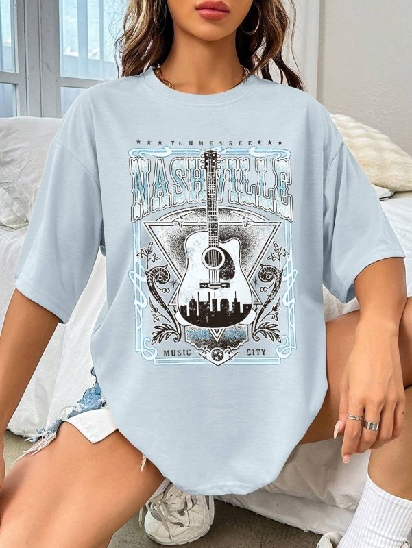 Guitar Graphic Round Neck Half Sleeve T-Shirt - Cute Little Wish