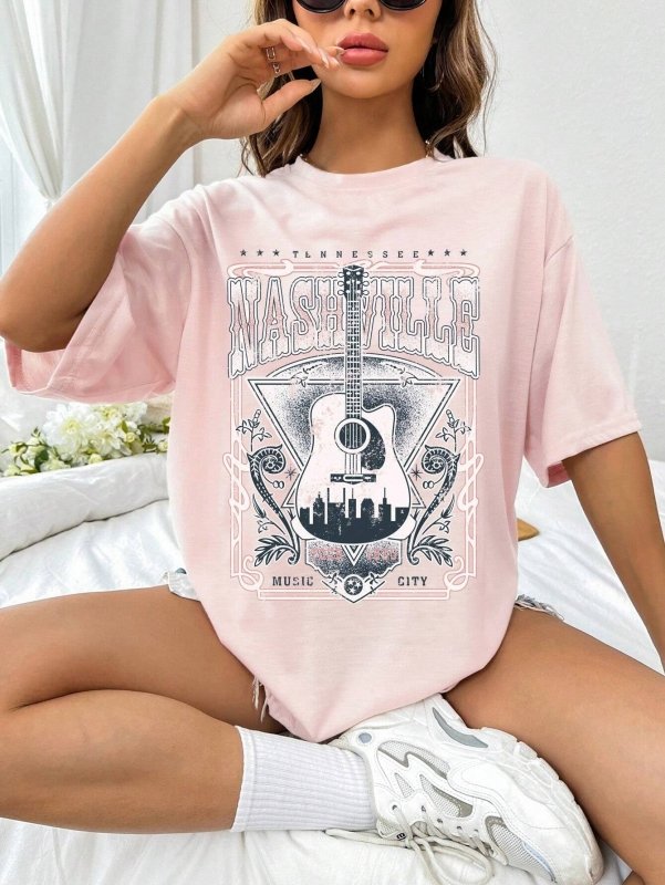 Guitar Graphic Round Neck Half Sleeve T-Shirt - Cute Little Wish